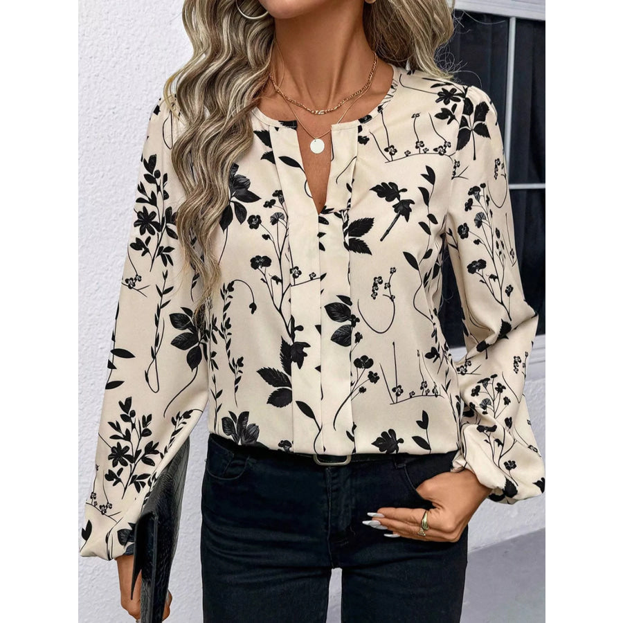 Floral Print Split Neck Long Sleeve Blouse Apparel and Accessories