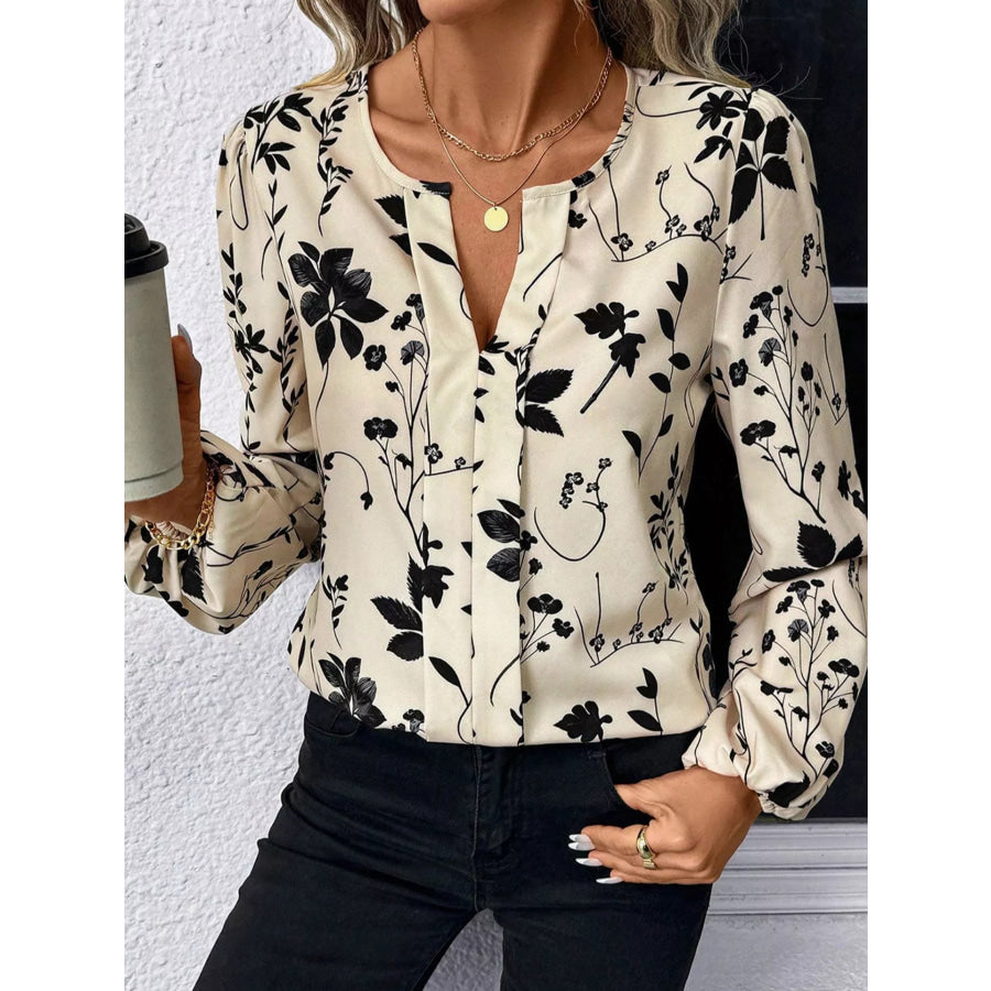 Floral Print Split Neck Long Sleeve Blouse Apparel and Accessories