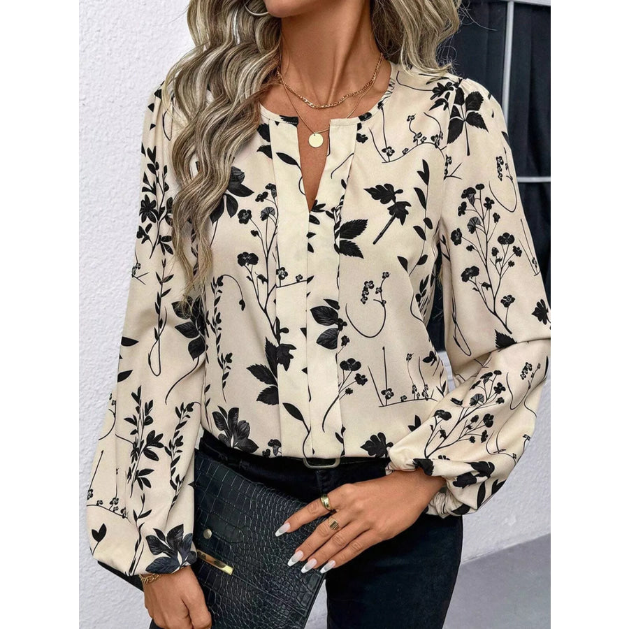 Floral Print Split Neck Long Sleeve Blouse Apparel and Accessories