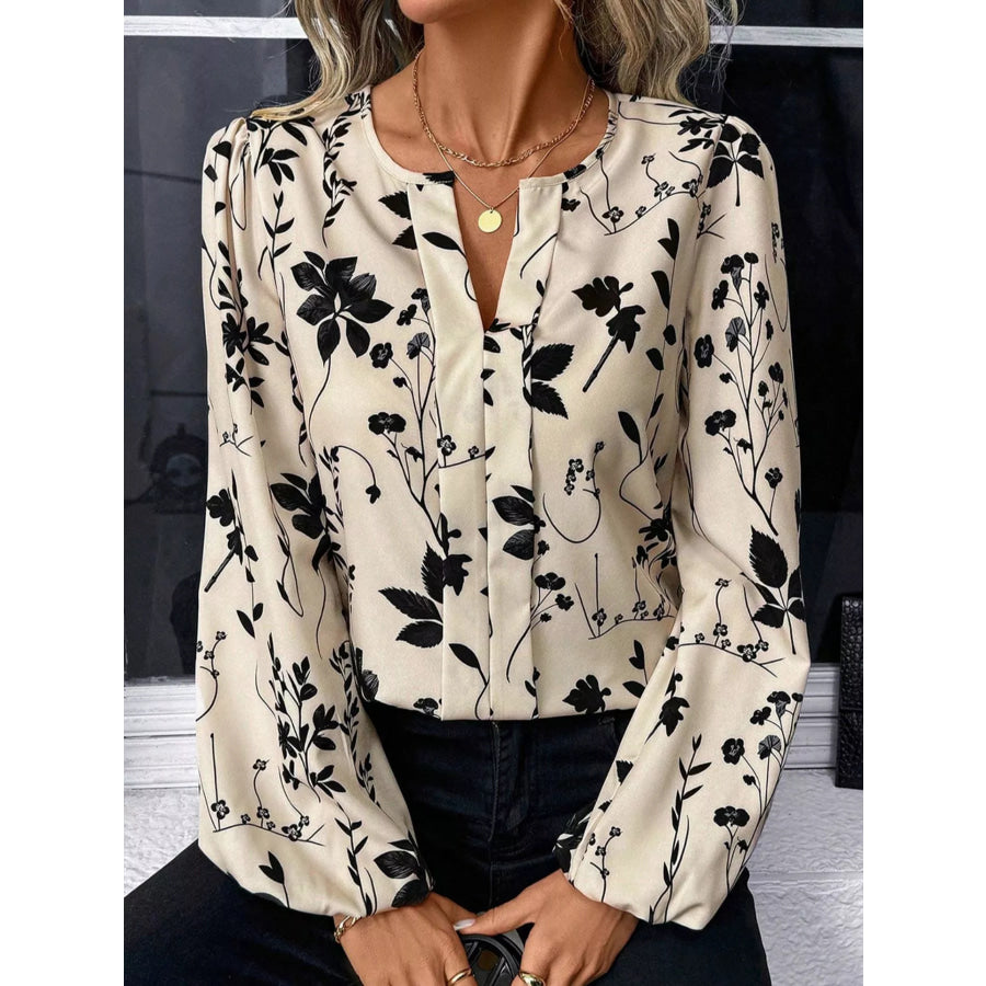Floral Print Split Neck Long Sleeve Blouse Beige / S Apparel and Accessories