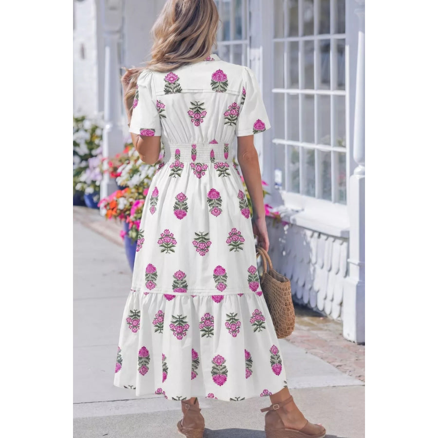 Floral Print Split Neck Shirred High Waist Ruffle Hem Midi Dress Apparel and Accessories