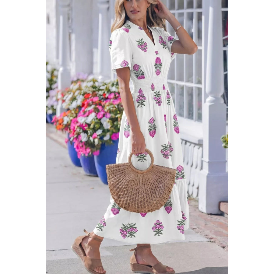 Floral Print Split Neck Shirred High Waist Ruffle Hem Midi Dress Apparel and Accessories