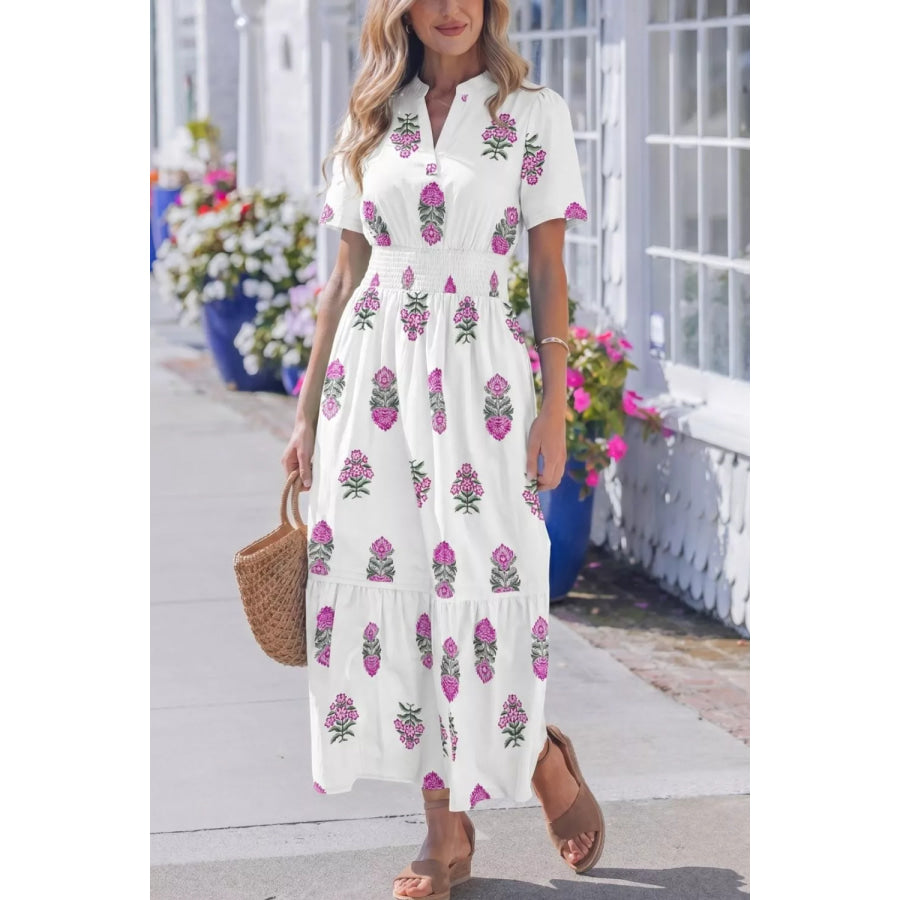 Floral Print Split Neck Shirred High Waist Ruffle Hem Midi Dress Apparel and Accessories