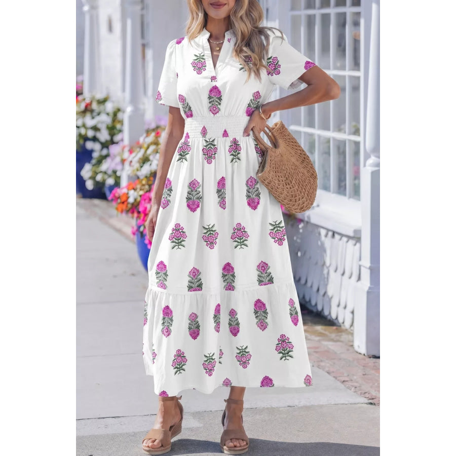 Floral Print Split Neck Shirred High Waist Ruffle Hem Midi Dress White / S Apparel and Accessories