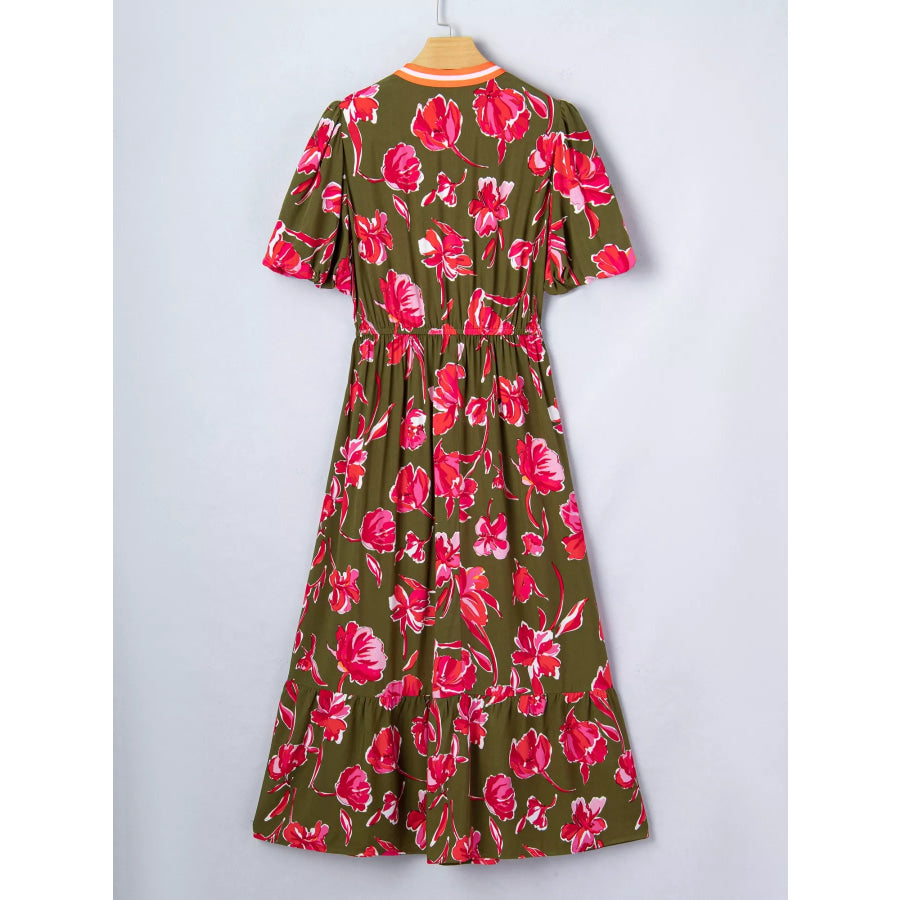 Floral Print Split Neck Short Puff Sleeve Ruffle Hem Dress Apparel and Accessories