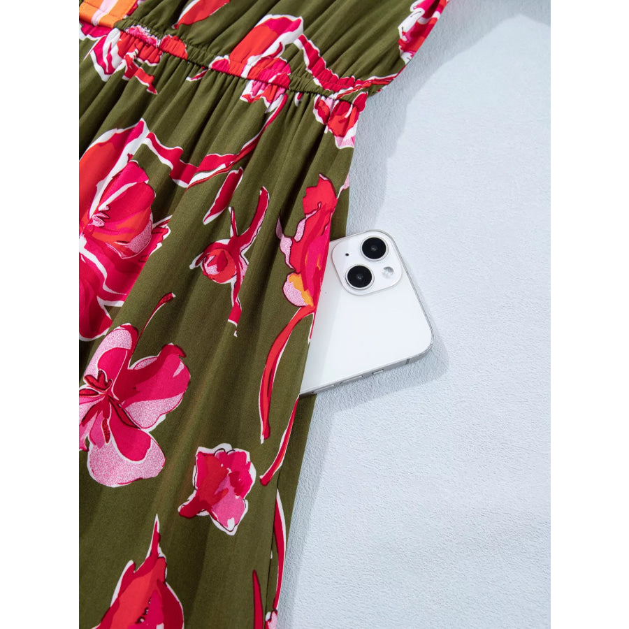 Floral Print Split Neck Short Puff Sleeve Ruffle Hem Dress Apparel and Accessories