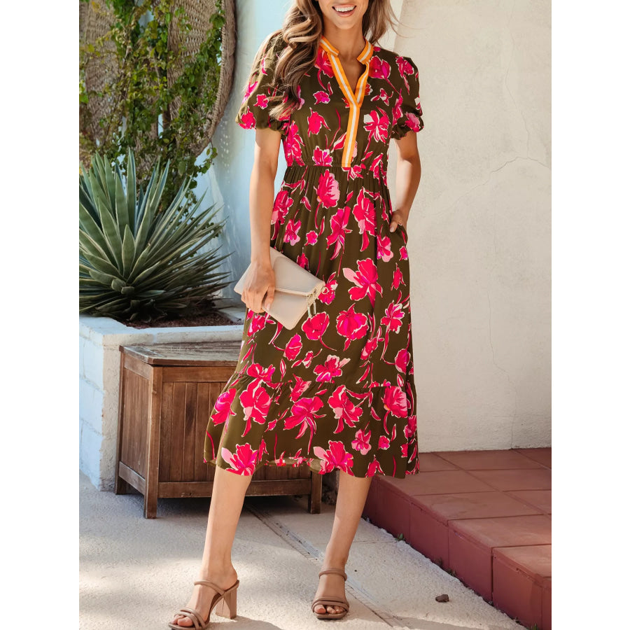 Floral Print Split Neck Short Puff Sleeve Ruffle Hem Dress Apparel and Accessories