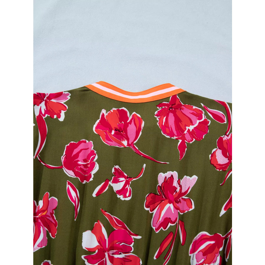 Floral Print Split Neck Short Puff Sleeve Ruffle Hem Dress Apparel and Accessories