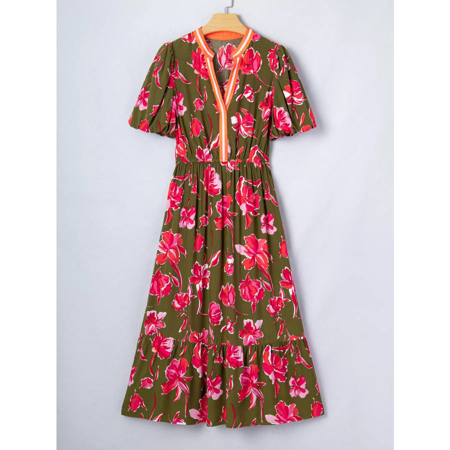Floral Print Split Neck Short Puff Sleeve Ruffle Hem Dress Apparel and Accessories