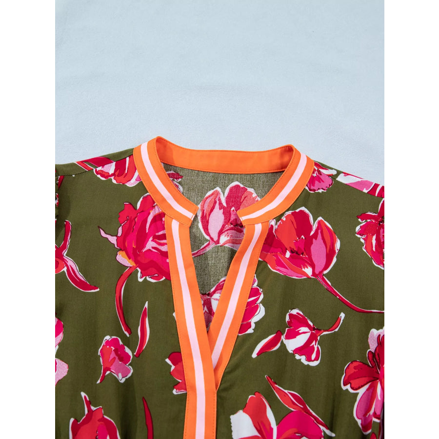 Floral Print Split Neck Short Puff Sleeve Ruffle Hem Dress Apparel and Accessories