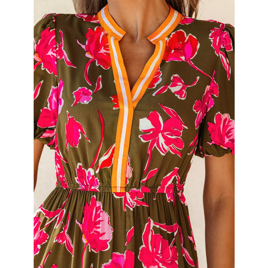 Floral Print Split Neck Short Puff Sleeve Ruffle Hem Dress Apparel and Accessories