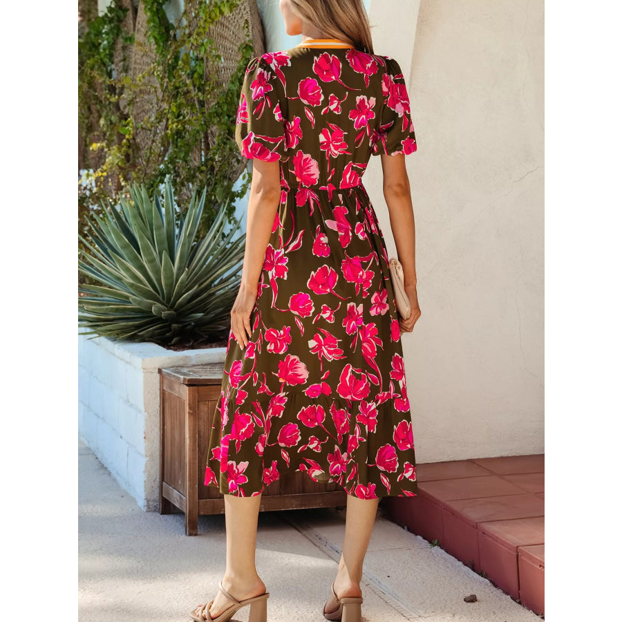 Floral Print Split Neck Short Puff Sleeve Ruffle Hem Dress Apparel and Accessories
