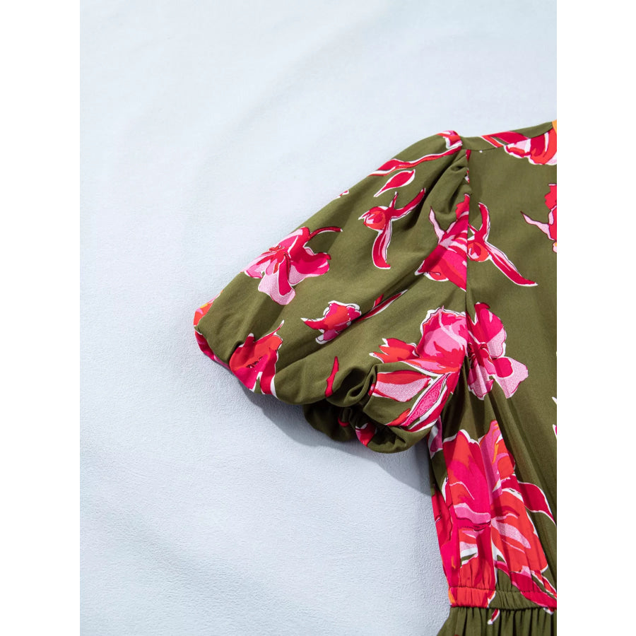 Floral Print Split Neck Short Puff Sleeve Ruffle Hem Dress Apparel and Accessories