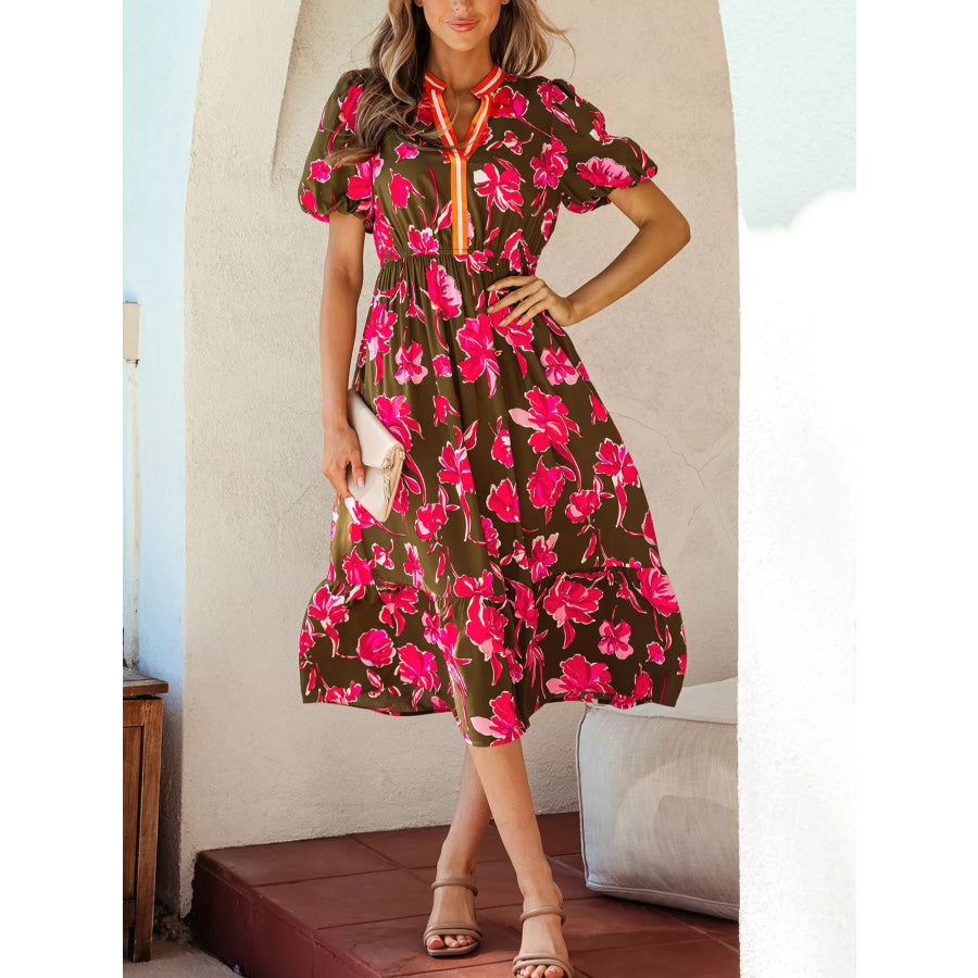 Floral Print Split Neck Short Puff Sleeve Ruffle Hem Dress Apparel and Accessories