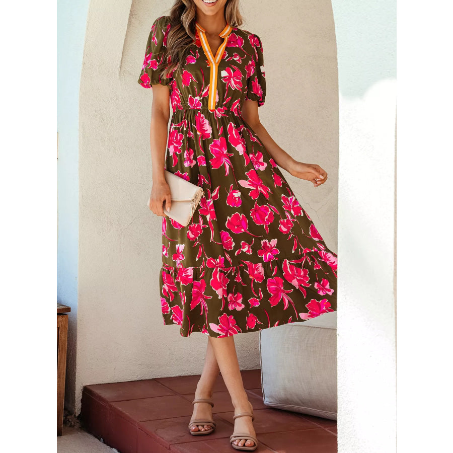 Floral Print Split Neck Short Puff Sleeve Ruffle Hem Dress Floral / S Apparel and Accessories