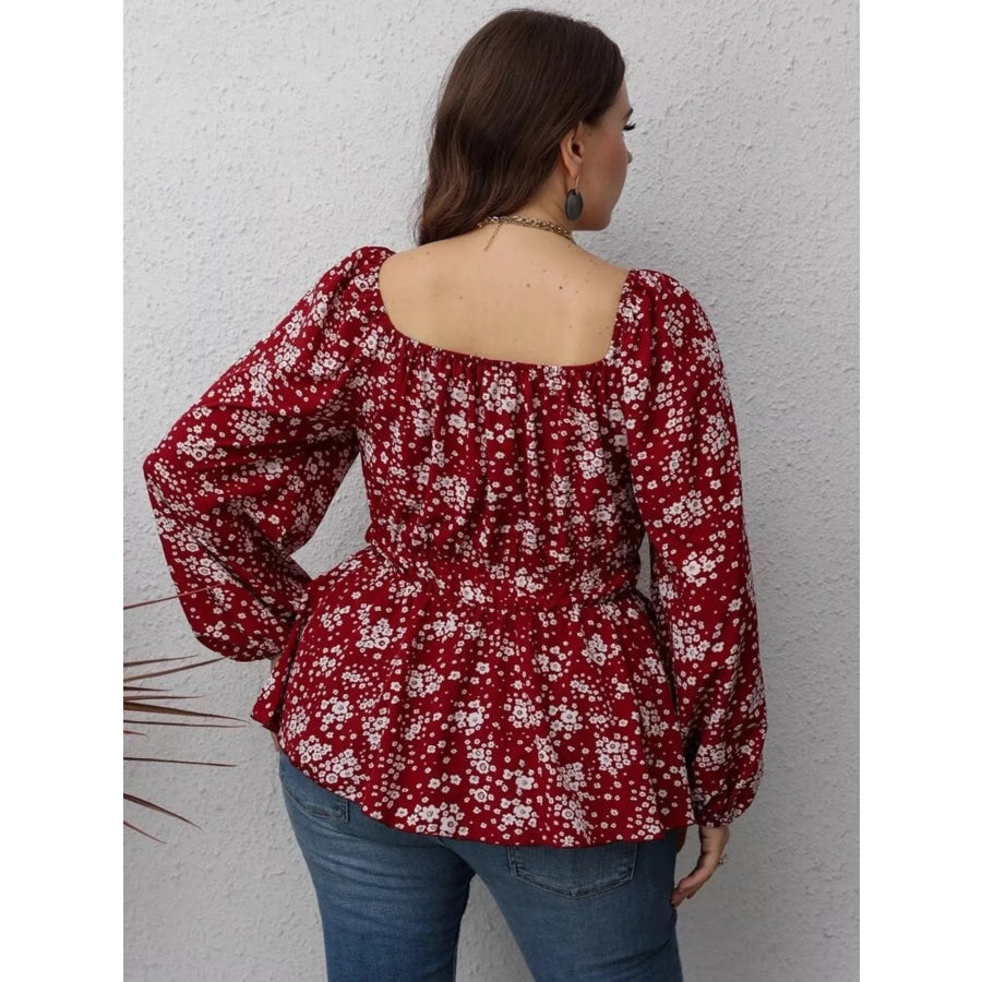 Floral Print Square Neck Long Sleeve Peplum Blouse Apparel and Accessories
