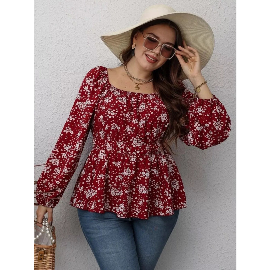 Floral Print Square Neck Long Sleeve Peplum Blouse Apparel and Accessories
