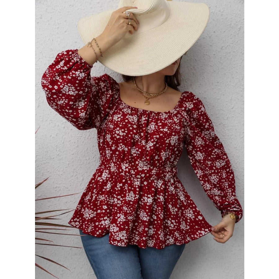 Floral Print Square Neck Long Sleeve Peplum Blouse Brick Red / S Apparel and Accessories