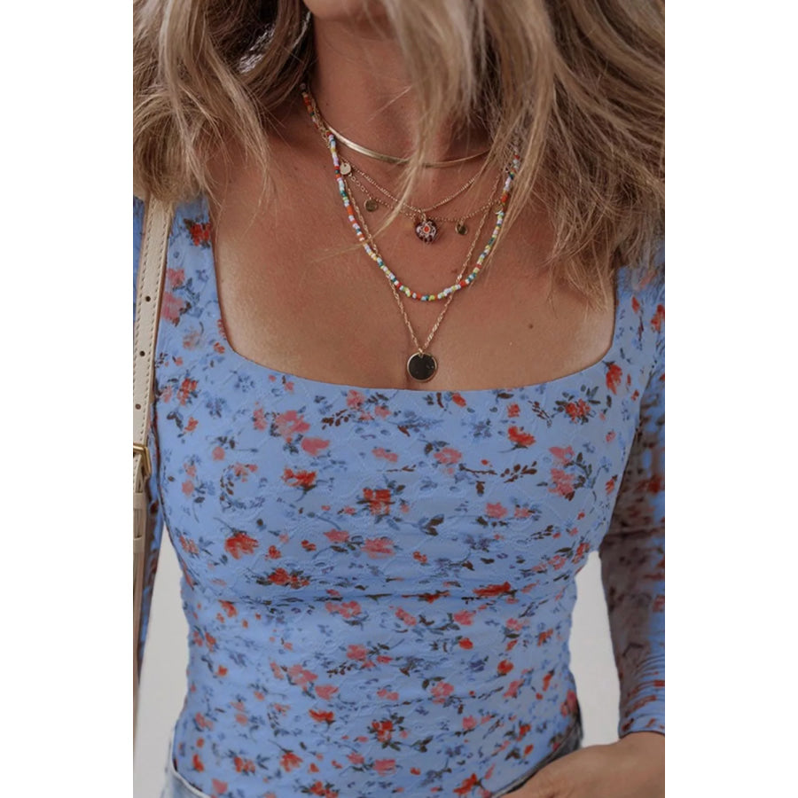 Floral Print Square Neck Long Sleeve Top Apparel and Accessories