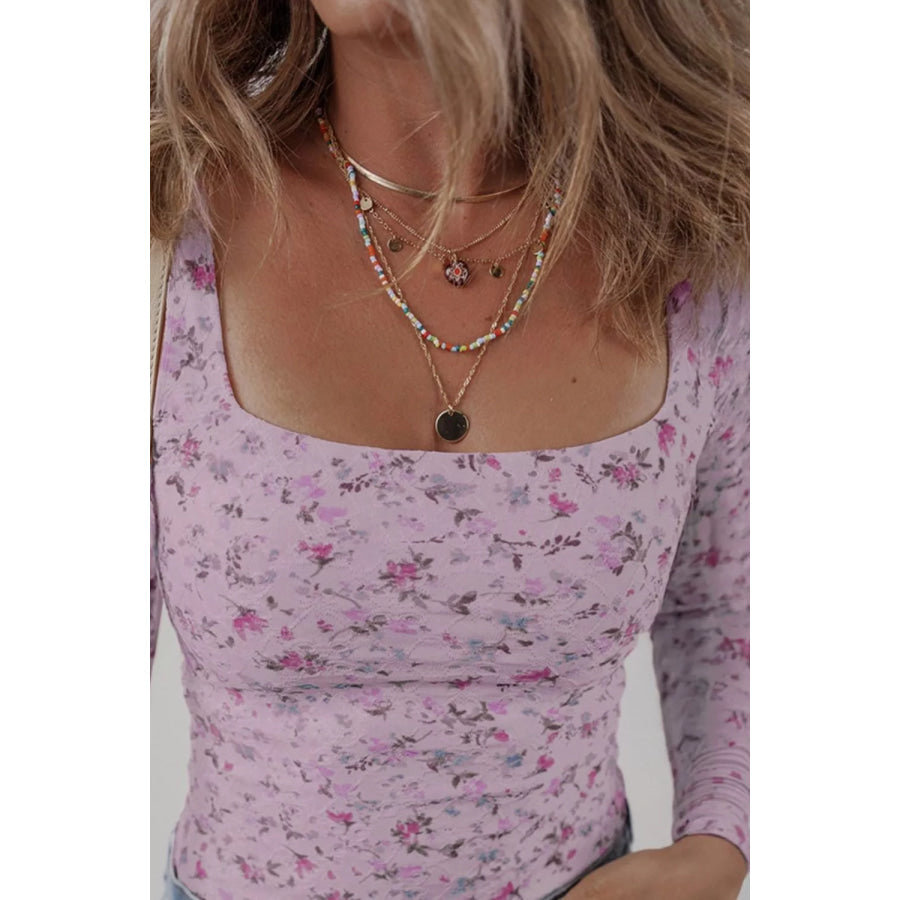 Floral Print Square Neck Long Sleeve Top Apparel and Accessories