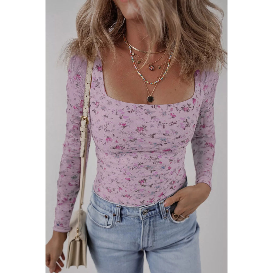Floral Print Square Neck Long Sleeve Top Lilac / S Apparel and Accessories