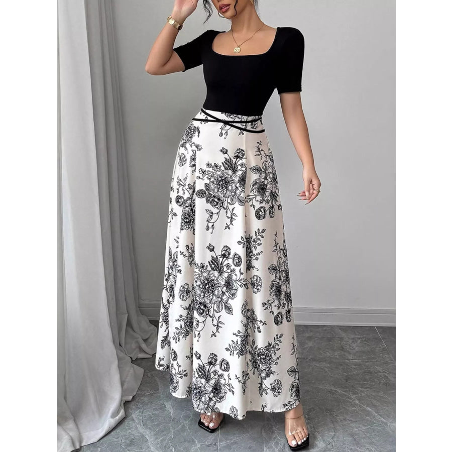 Floral Print Square Neck Maxi Dress Black / S Apparel and Accessories