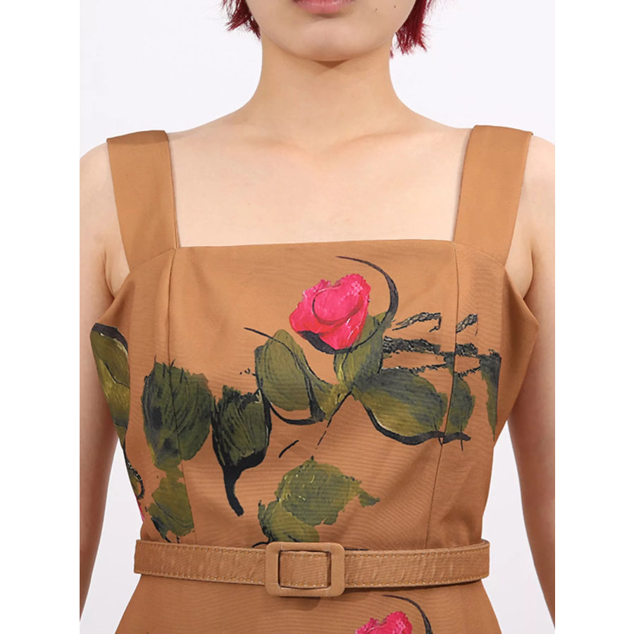 Floral Print Square Neck Midi Dress Khaki / S Apparel and Accessories