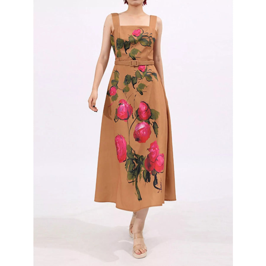 Floral Print Square Neck Midi Dress Khaki / S Apparel and Accessories