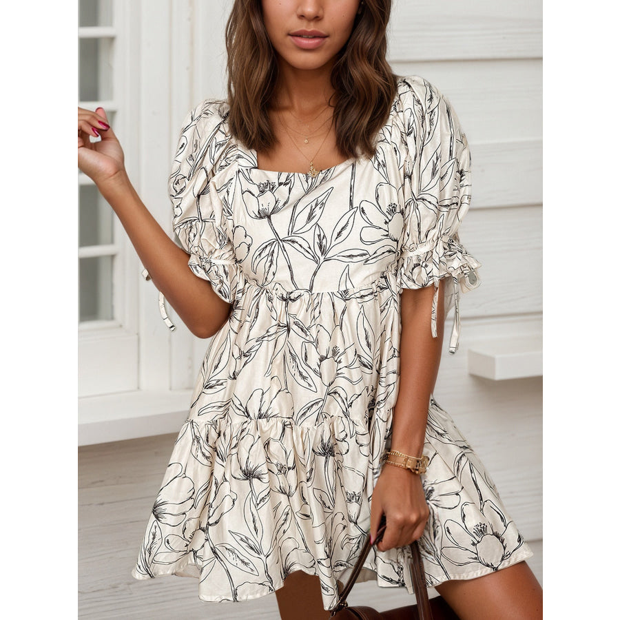 Floral Print Square Neck Mini Dress White / S Apparel and Accessories