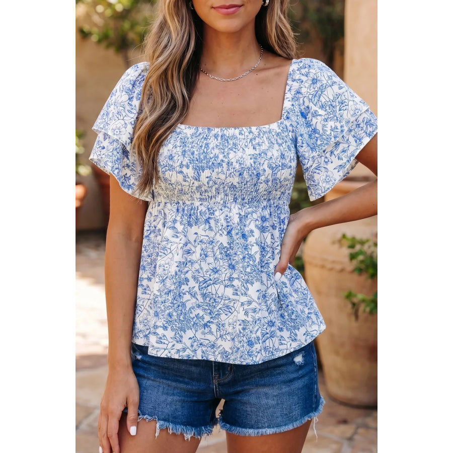Floral Print Square Neck Ruffled Sleeve Shirred Babydoll Blouse Apparel and Accessories