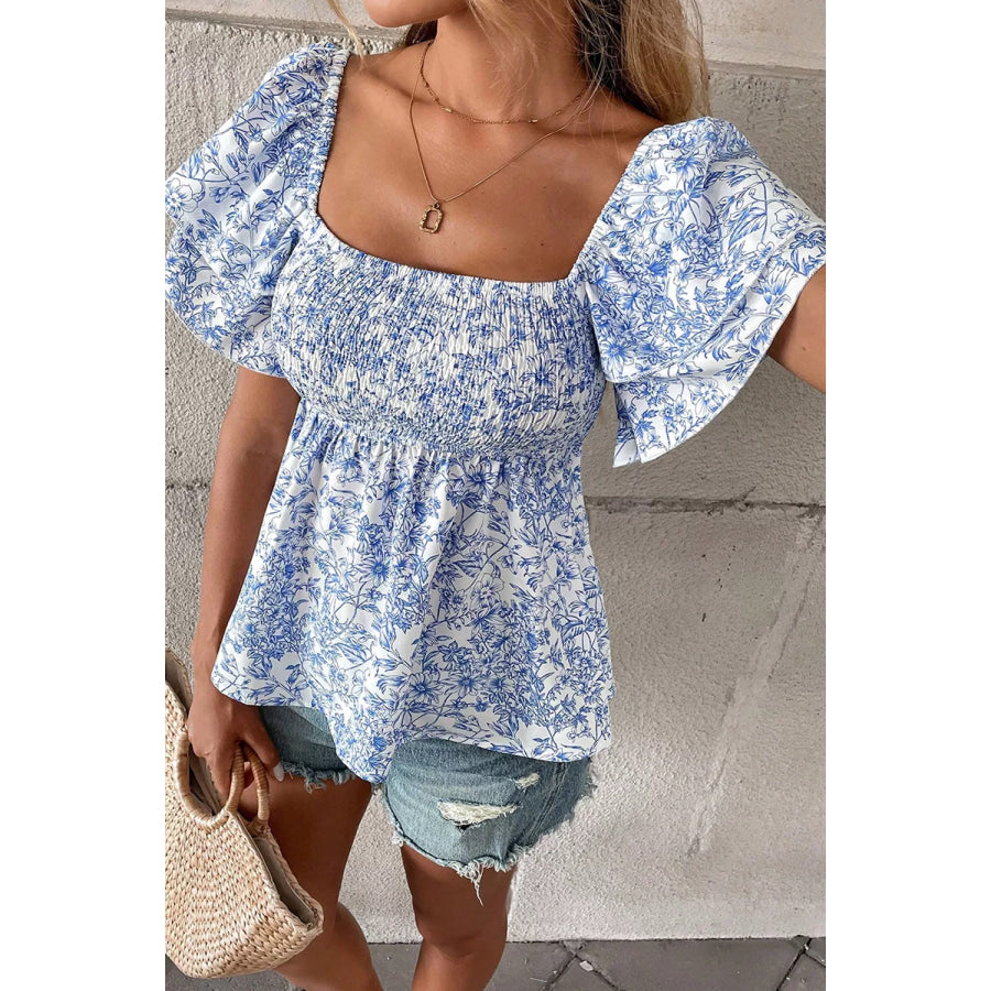 Floral Print Square Neck Ruffled Sleeve Shirred Babydoll Blouse Apparel and Accessories