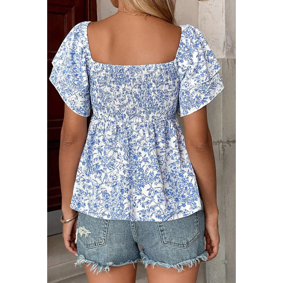 Floral Print Square Neck Ruffled Sleeve Shirred Babydoll Blouse Apparel and Accessories