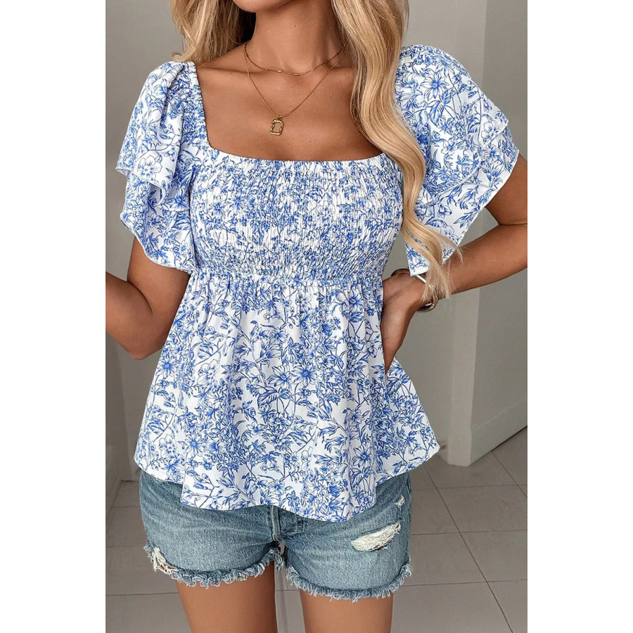 Floral Print Square Neck Ruffled Sleeve Shirred Babydoll Blouse Apparel and Accessories