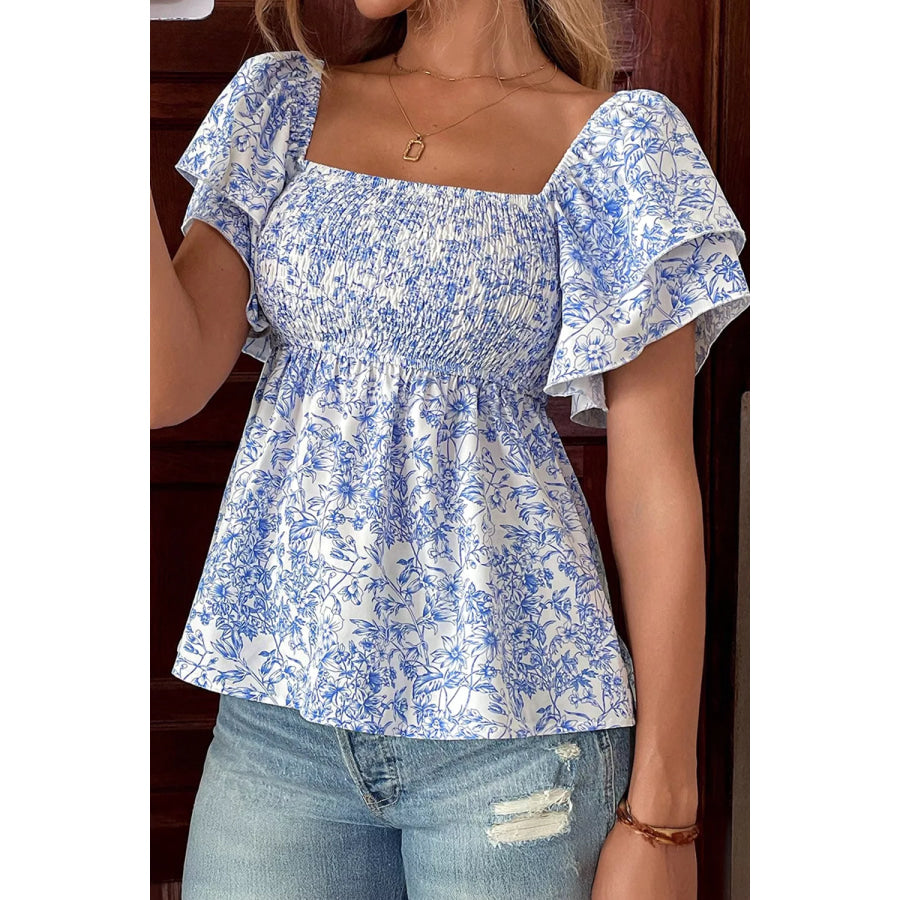 Floral Print Square Neck Ruffled Sleeve Shirred Babydoll Blouse Apparel and Accessories