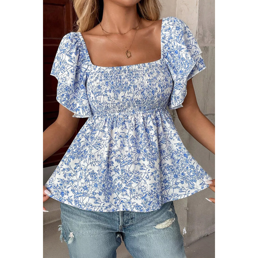 Floral Print Square Neck Ruffled Sleeve Shirred Babydoll Blouse Light Blue / S Apparel and Accessories