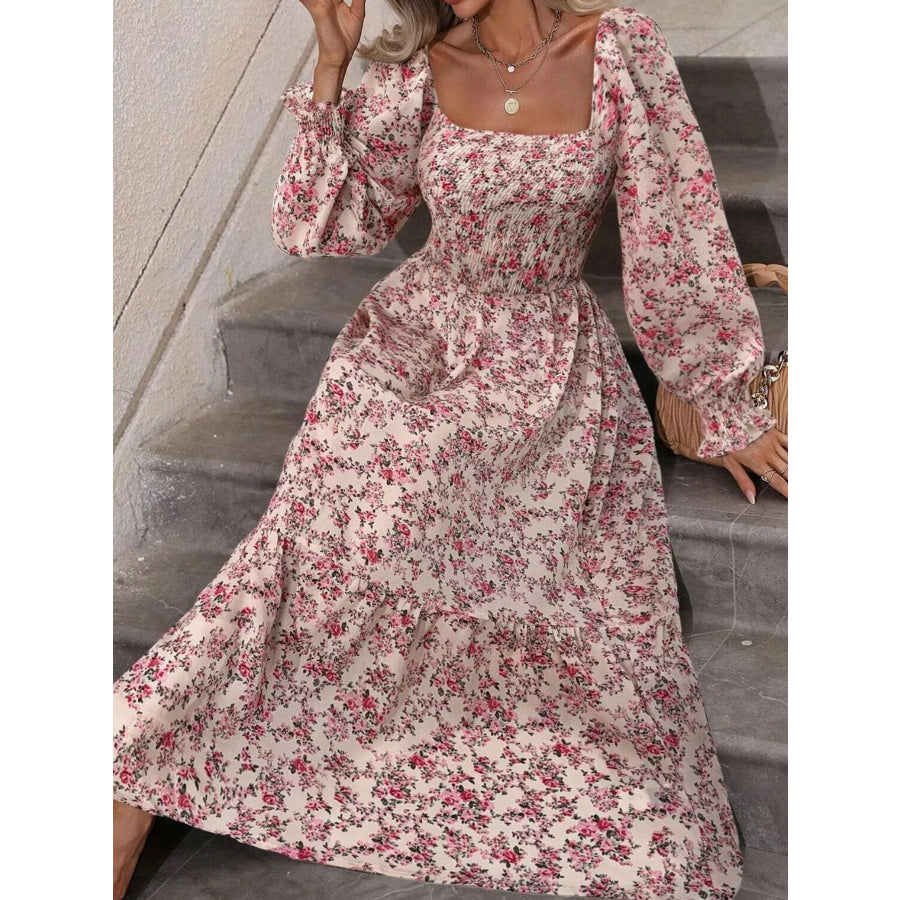 Floral Print Square Neck Smocked Midi Dress Apparel and Accessories