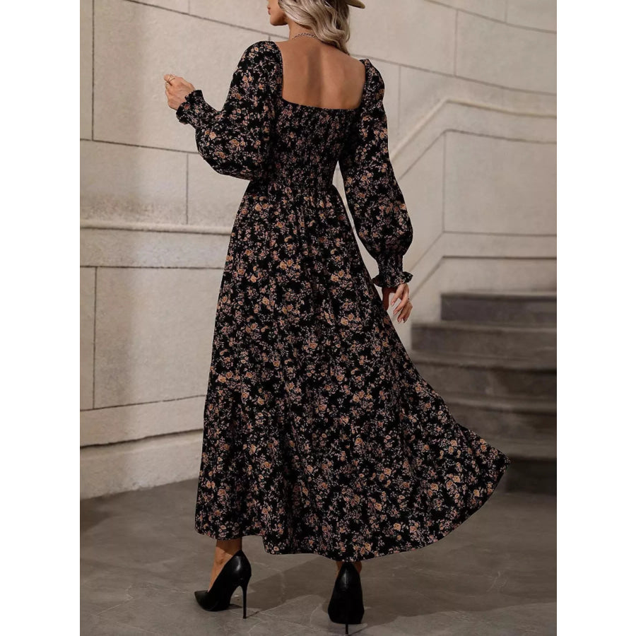 Floral Print Square Neck Smocked Midi Dress Apparel and Accessories