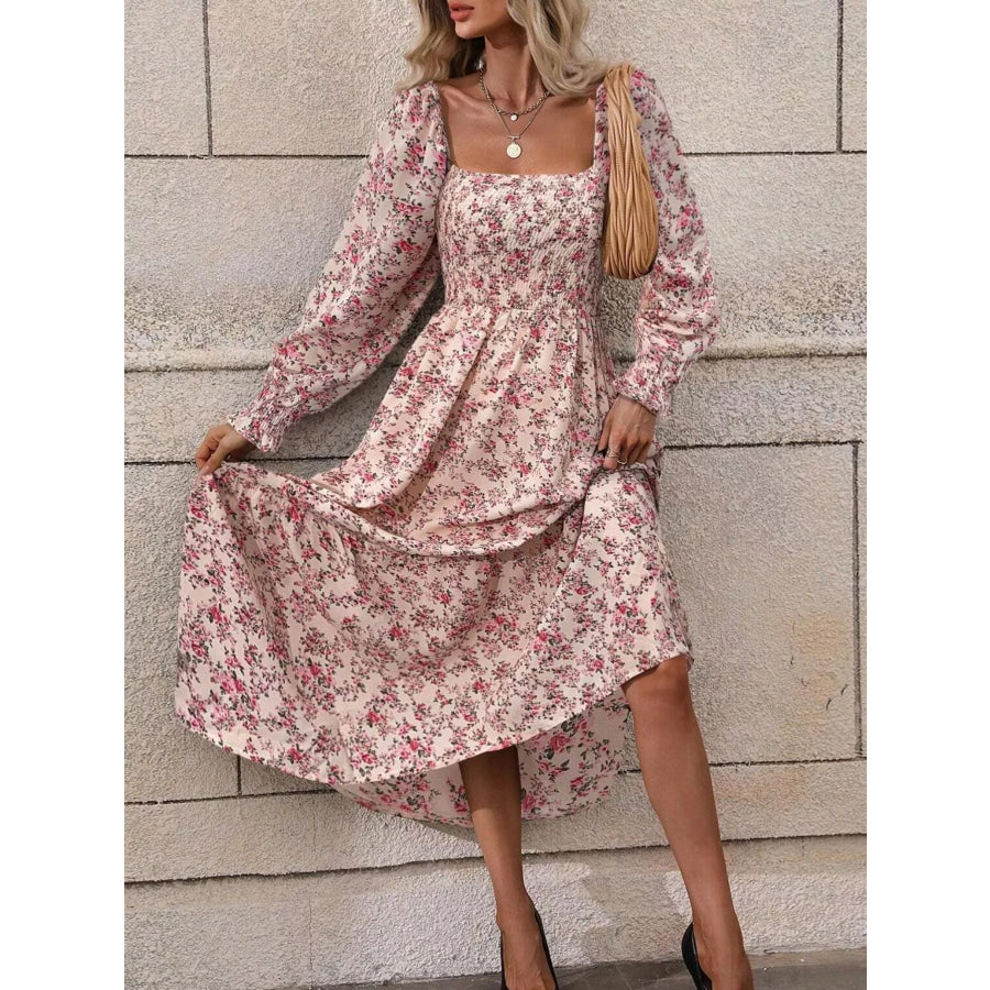 Floral Print Square Neck Smocked Midi Dress Apparel and Accessories