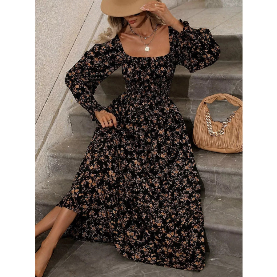 Floral Print Square Neck Smocked Midi Dress Apparel and Accessories