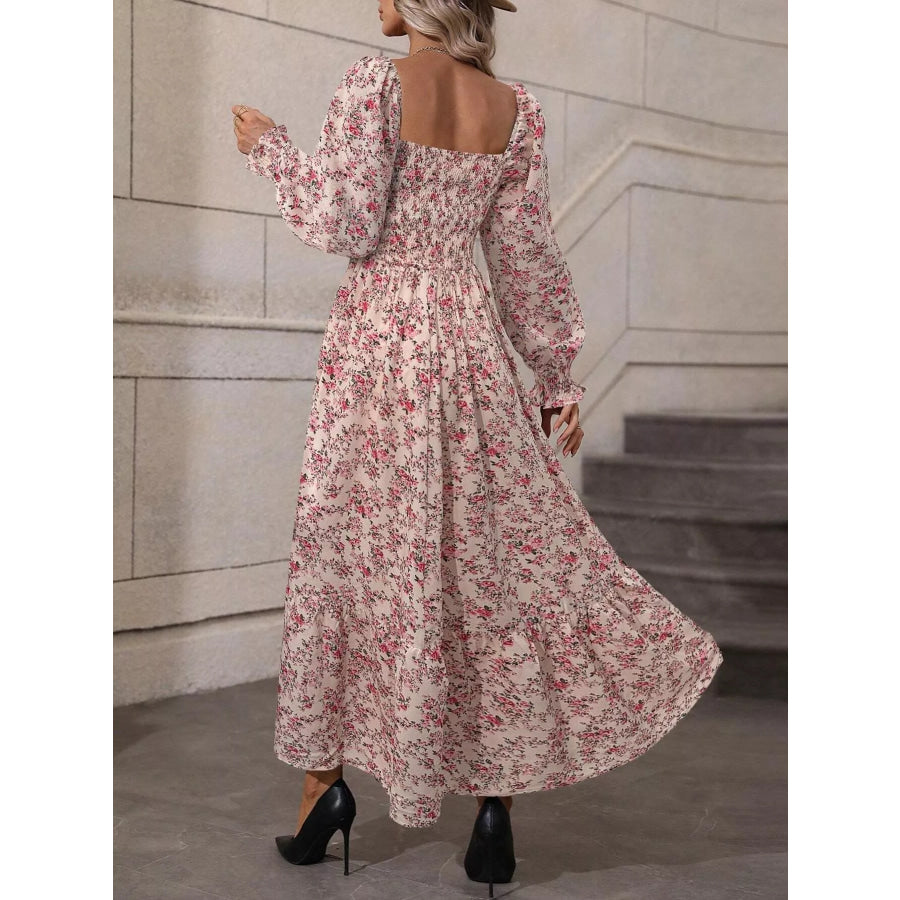 Floral Print Square Neck Smocked Midi Dress Apparel and Accessories