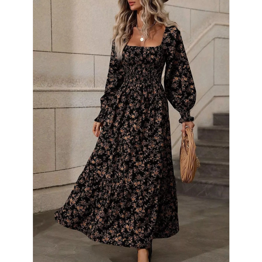 Floral Print Square Neck Smocked Midi Dress Black / XS Apparel and Accessories