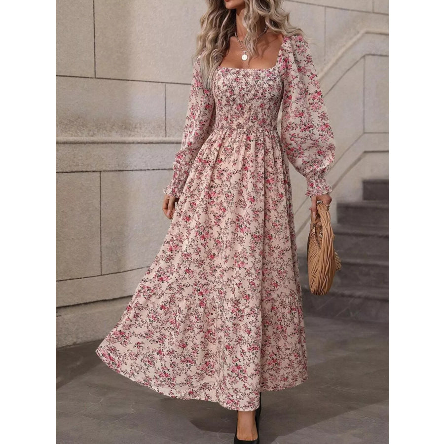 Floral Print Square Neck Smocked Midi Dress Pink / XS Apparel and Accessories