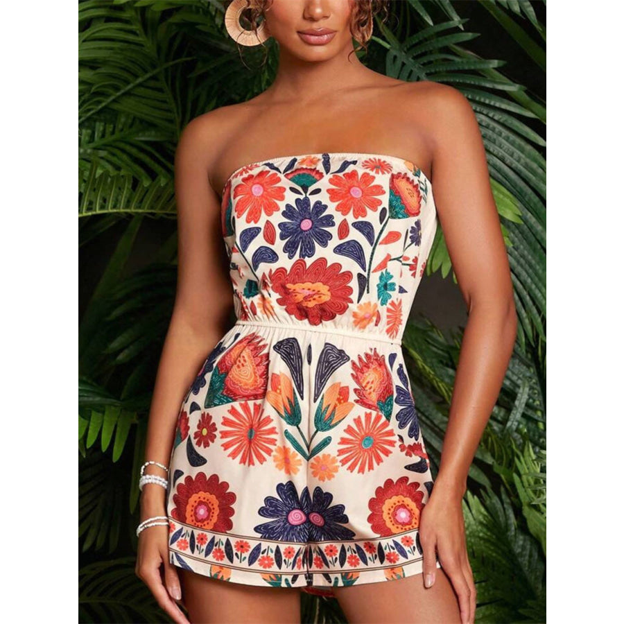 Floral Print Strapless Elastic Waist Romper Apparel and Accessories