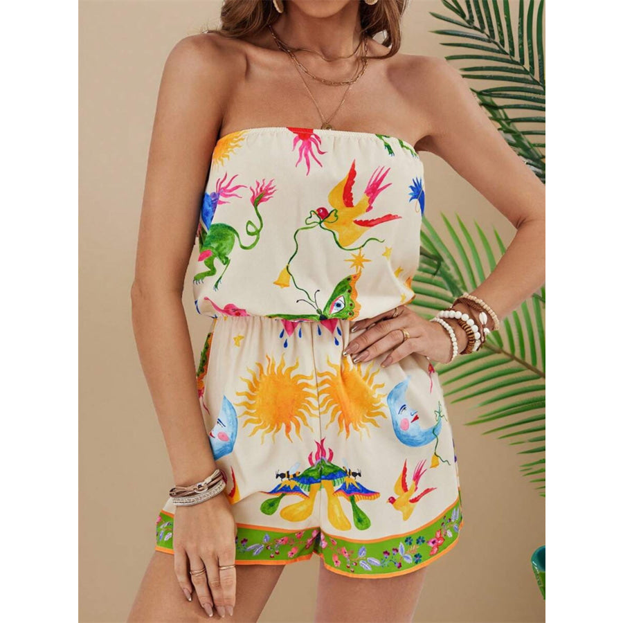 Floral Print Strapless Elastic Waist Romper Pastel Yellow / S Apparel and Accessories