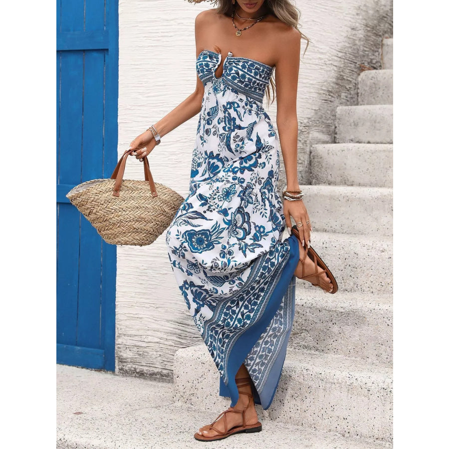 Floral Print Strapless Maxi Dress Blue / S Apparel and Accessories