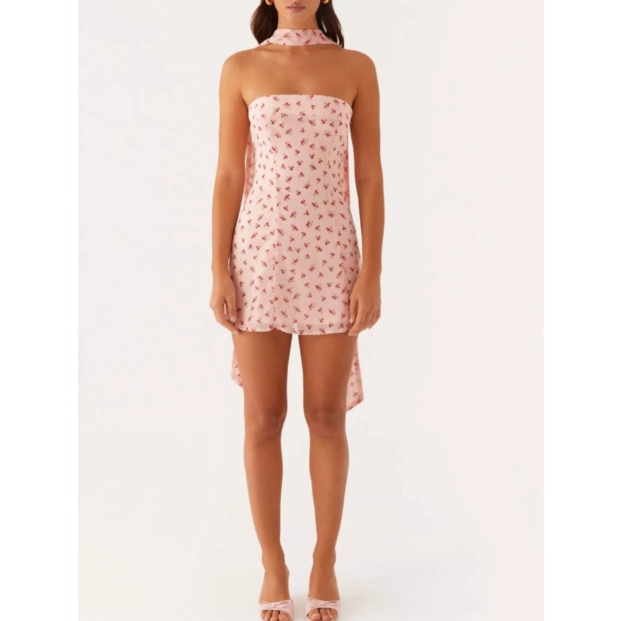 Floral Print Strapless Mini Dress with Scarf Apparel and Accessories