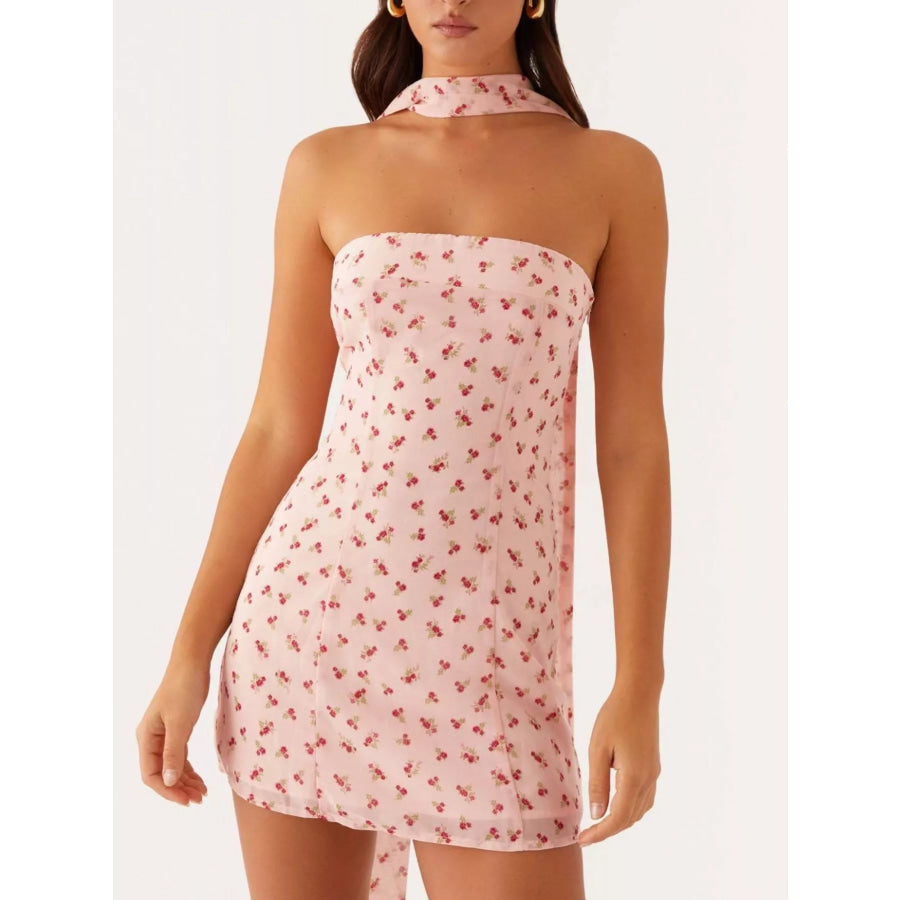 Floral Print Strapless Mini Dress with Scarf Apparel and Accessories