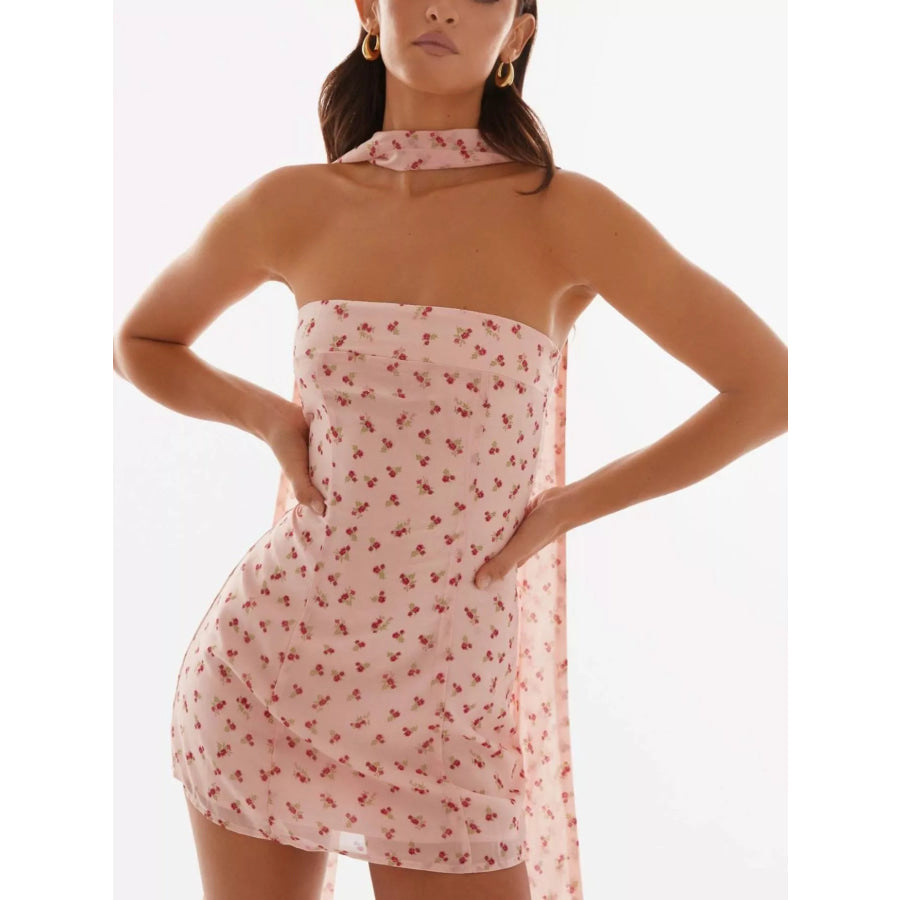 Floral Print Strapless Mini Dress with Scarf Apparel and Accessories