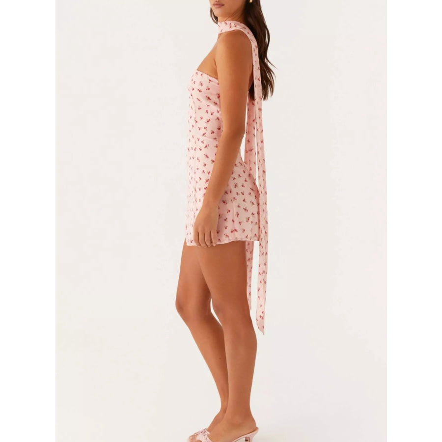 Floral Print Strapless Mini Dress with Scarf Apparel and Accessories