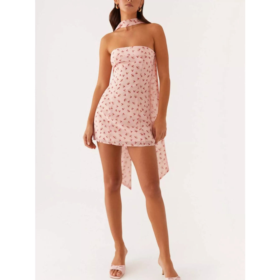 Floral Print Strapless Mini Dress with Scarf Blush Pink / S Apparel and Accessories